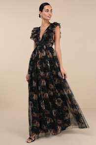 Simply Delighted Black Floral Mesh Ruffled Backless Maxi Dress 1