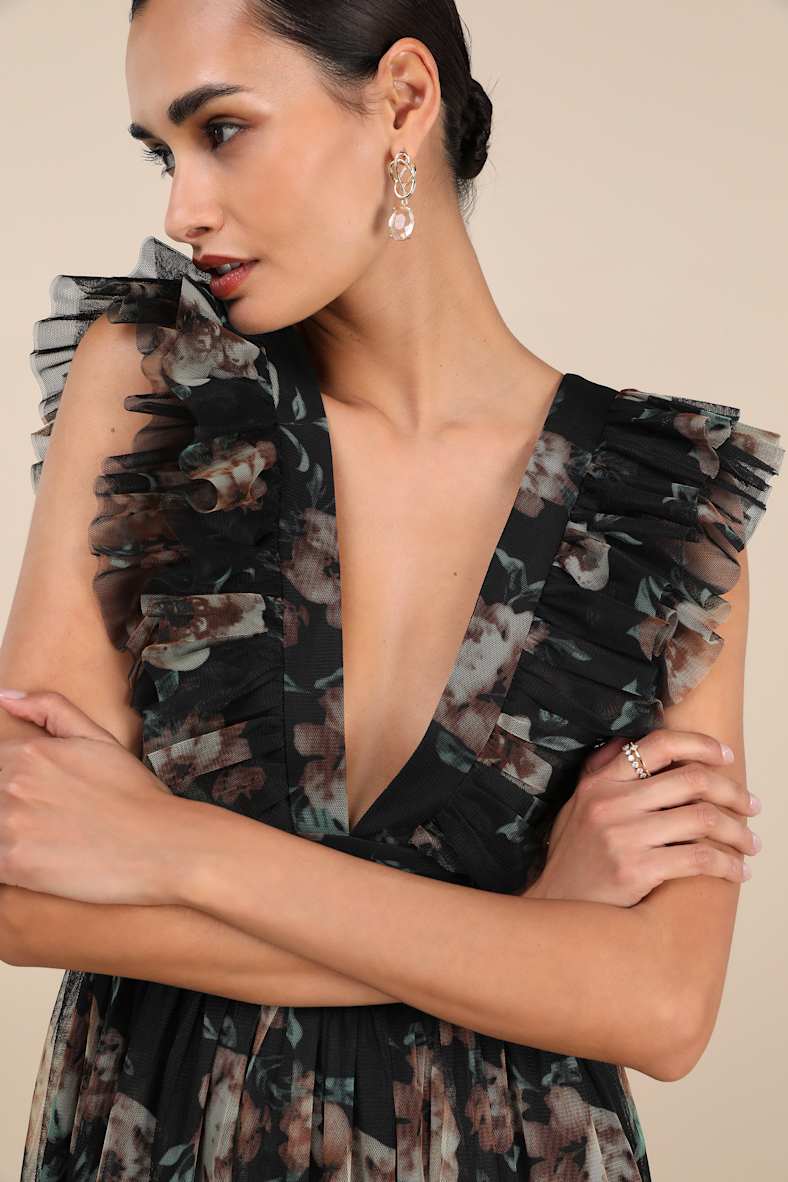 Simply Delighted Black Floral Mesh Ruffled Backless Maxi Dress
