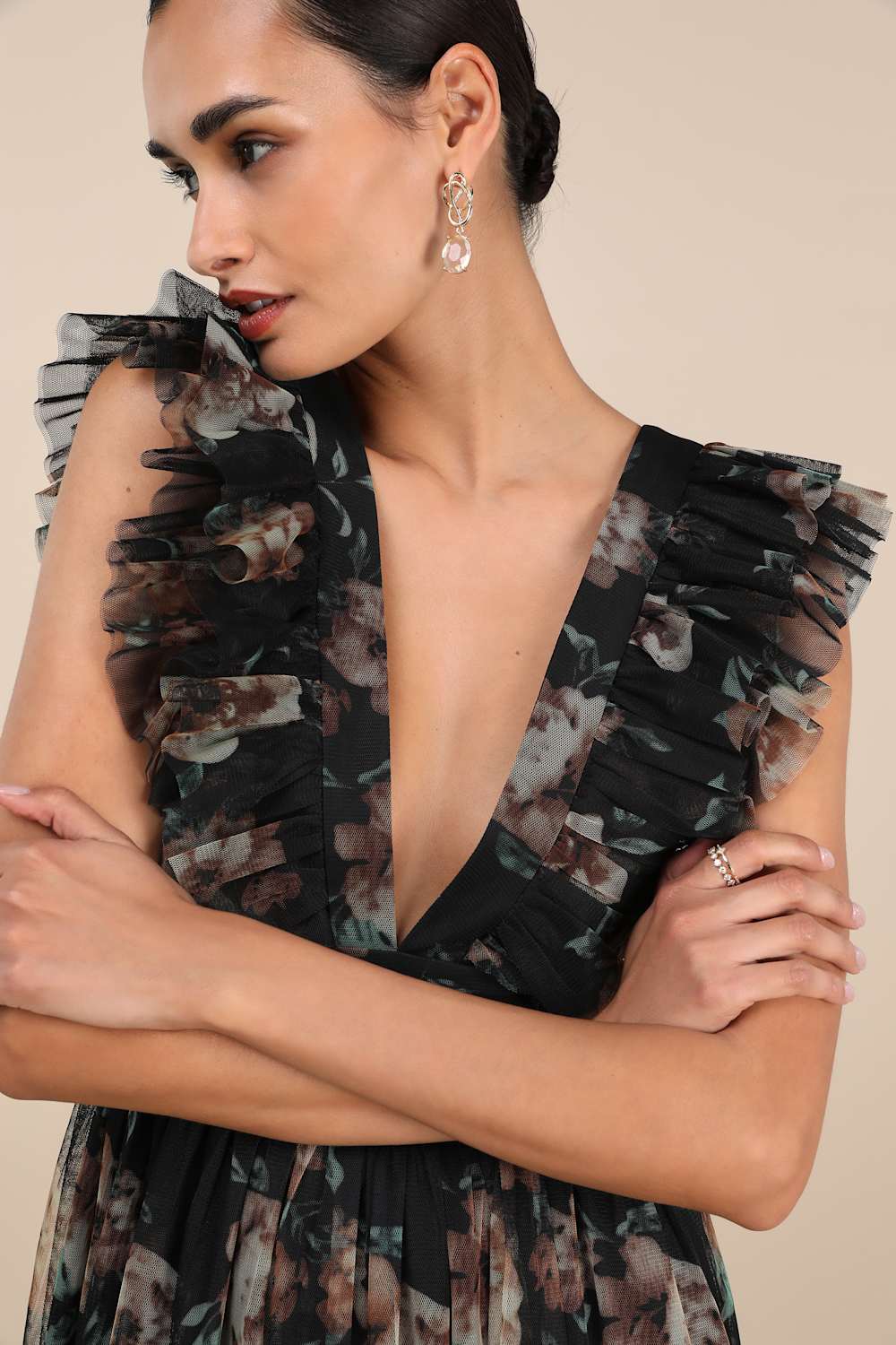 Simply Delighted Black Floral Mesh Ruffled Backless Maxi Dress