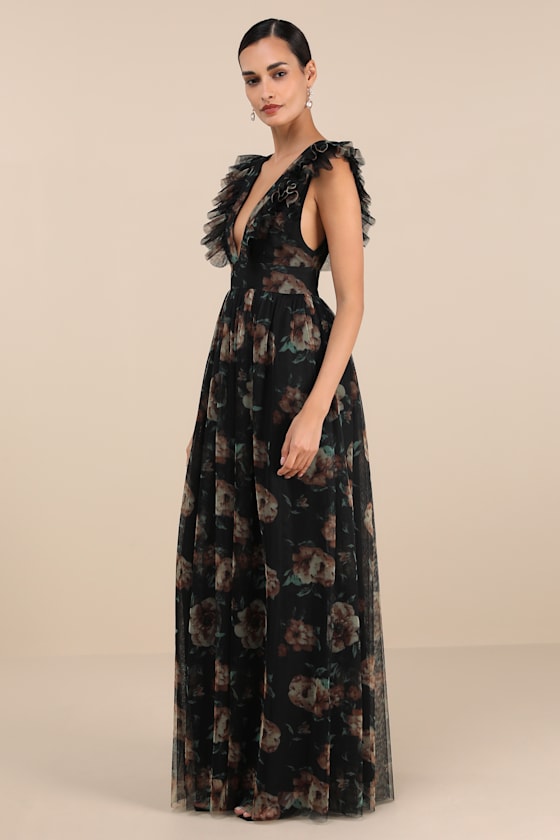 Simply Delighted Black Floral Mesh Ruffled Backless Maxi Dress