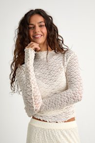 Aleister Ivory Sheer Lace Mock Neck Long Sleeve Top 1