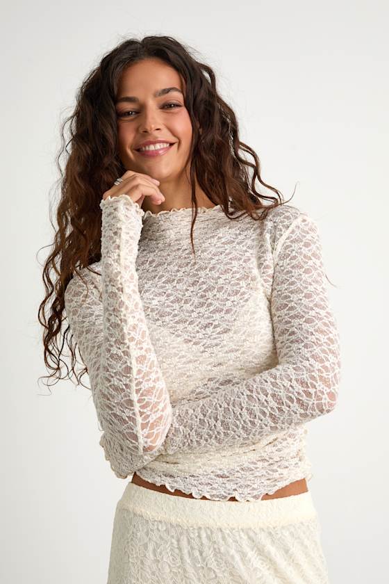 Aleister Ivory Sheer Lace Mock Neck Long Sleeve Top 1
