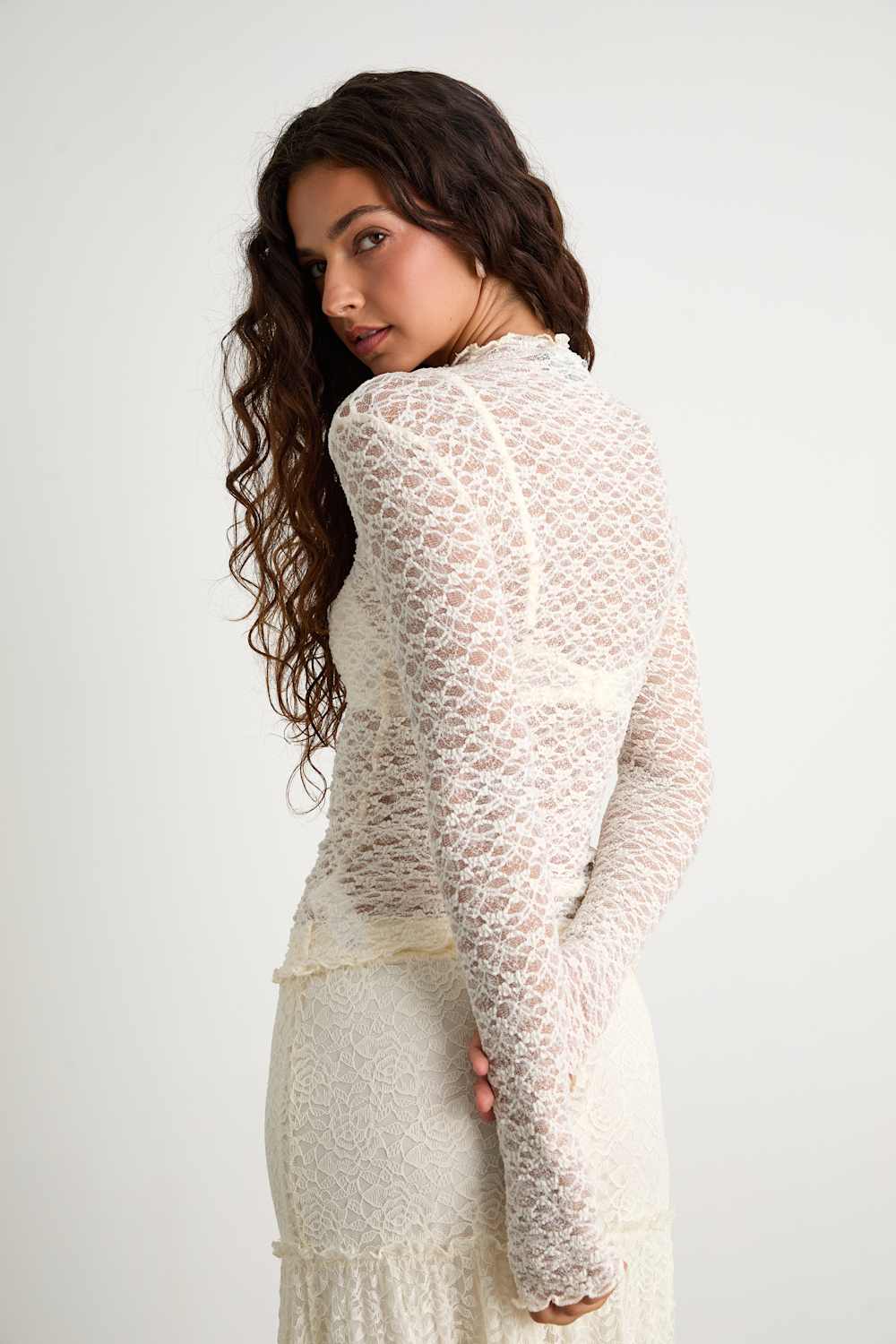 Aleister Ivory Sheer Lace Mock Neck Long Sleeve Top