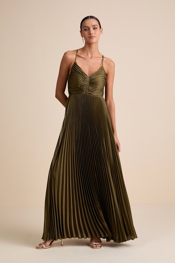 Image of Dreaming in Color Olive Green V-Neck Pleated Satin Maxi Dress