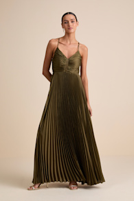 Dreaming in Color Olive Green V-Neck Pleated Satin Maxi Dress 1