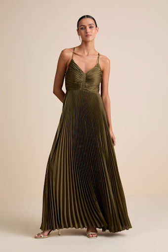 Dreaming in Color Olive Green V-Neck Pleated Satin Maxi Dress 1