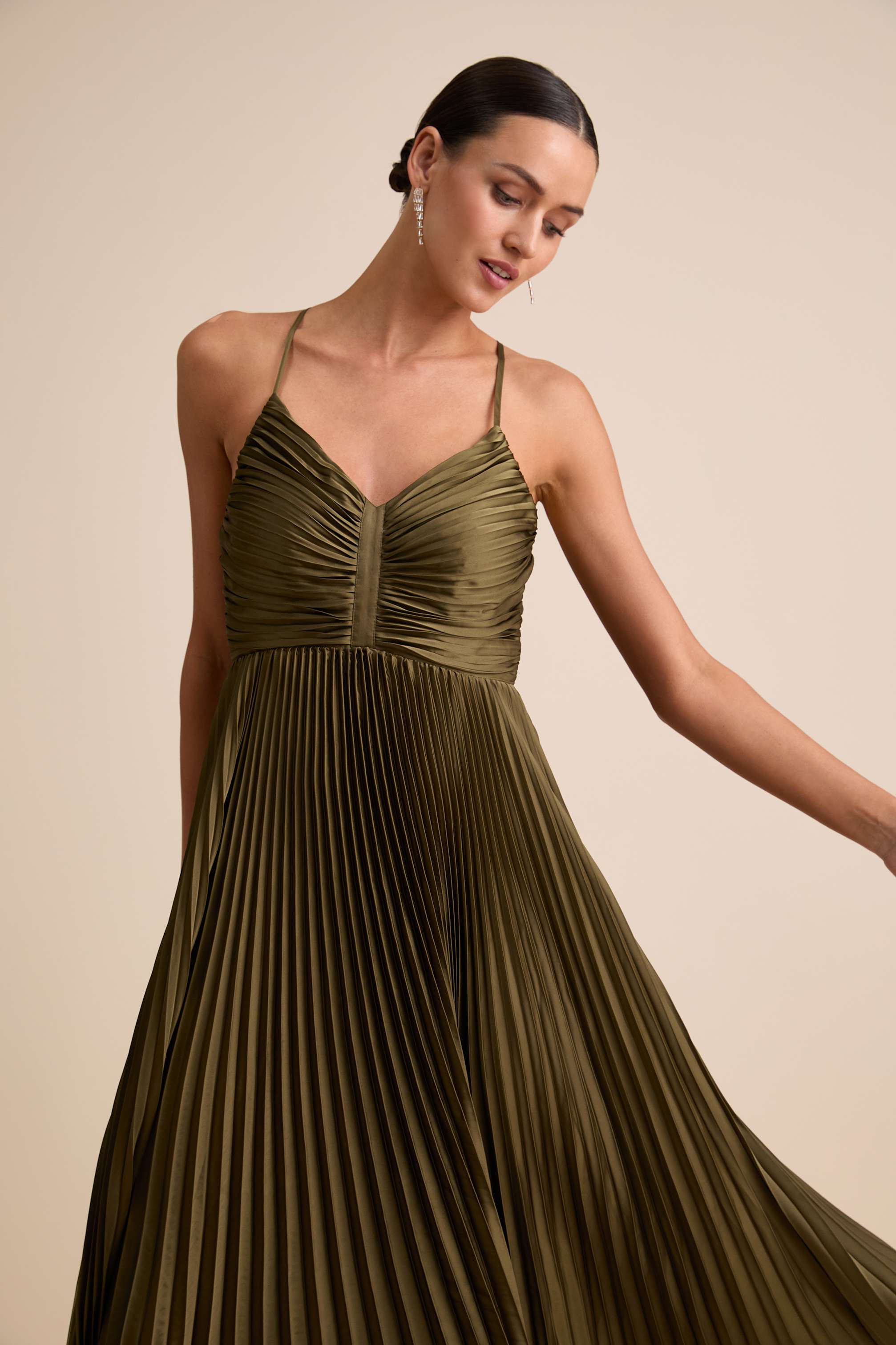 Dreaming in Color Olive Green V-Neck Pleated Satin Maxi Dress