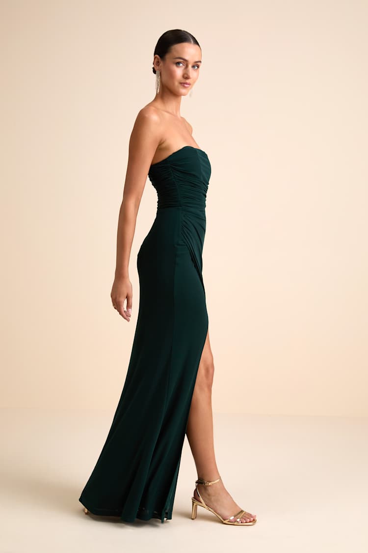 Emerald Green Strapless Ruched Tulip Maxi Dres | Womens | Small (Available in XS, M, Xl) | 100% Polyester | Lulus