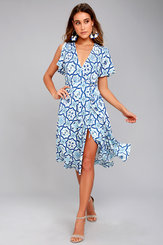 Boho Blue Print Dress - Midi Dress - Wrap Dress - Lulus