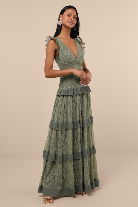 Marvelous Darling Olive Lace Ruffled Tiered Maxi Dress - thumbnail 3