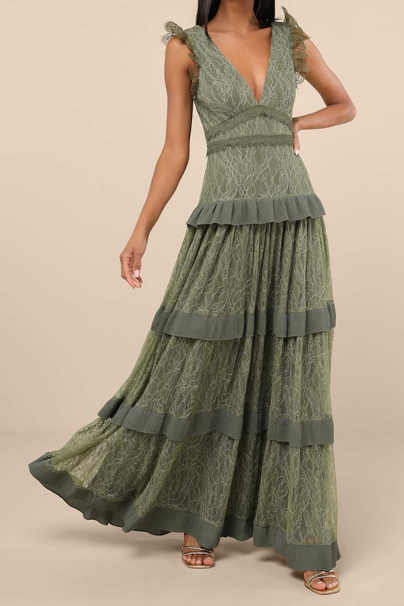 olive green lace dress Exuberant Luxury Olive Green Satin Ruffled Lace-Up Maxi Dress