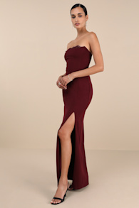 Memorably Iconic Burgundy Strapless Lace Bustier Maxi Dress 1