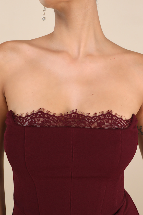 Burgundy Strapless Dress - Lace Bustier Dress - Lacy Maxi Dress - Image 2