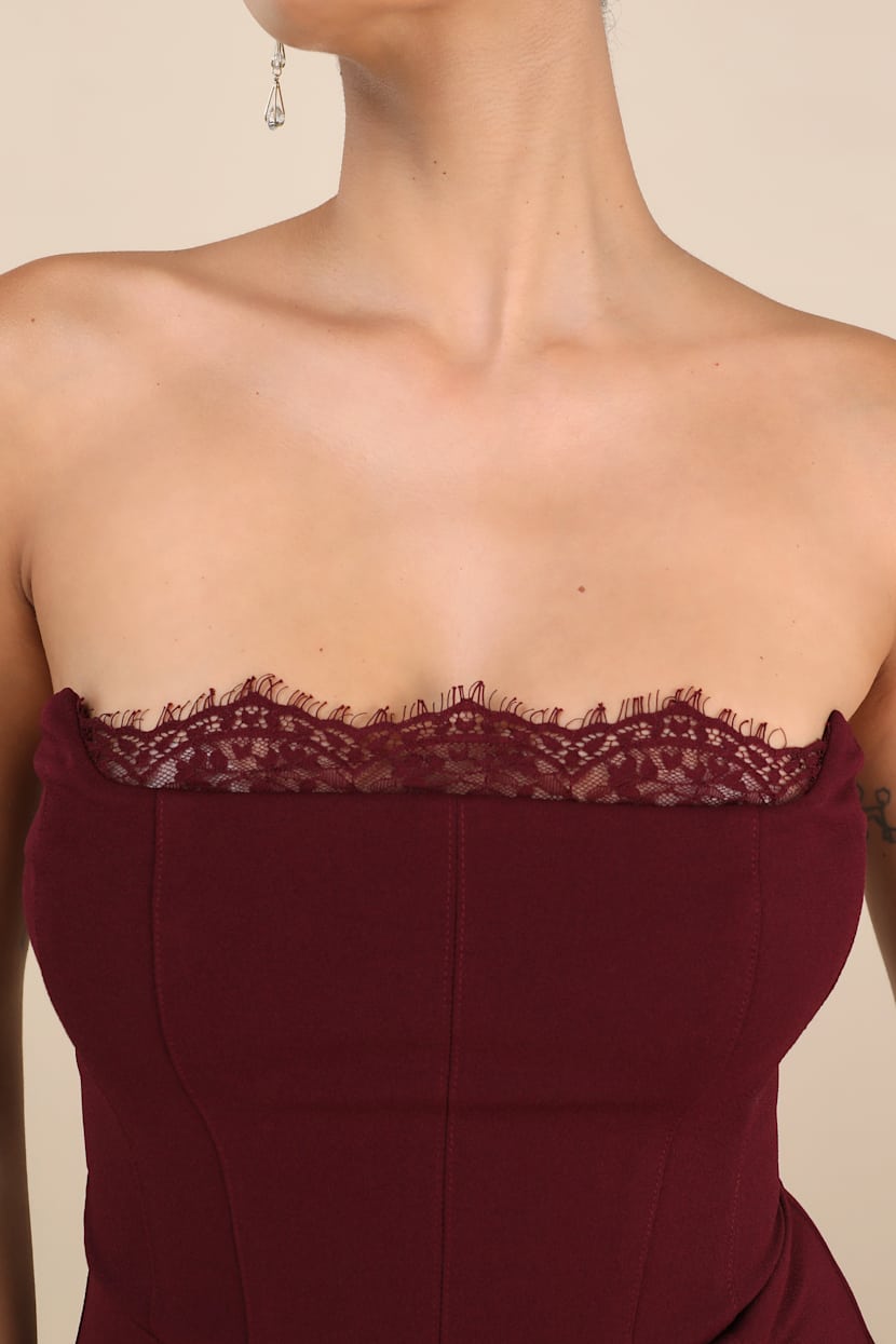 Burgundy Strapless Lace Bustier Maxi Dress | Womens | X-Large (Available in XS) | 100% Polyester | Lulus