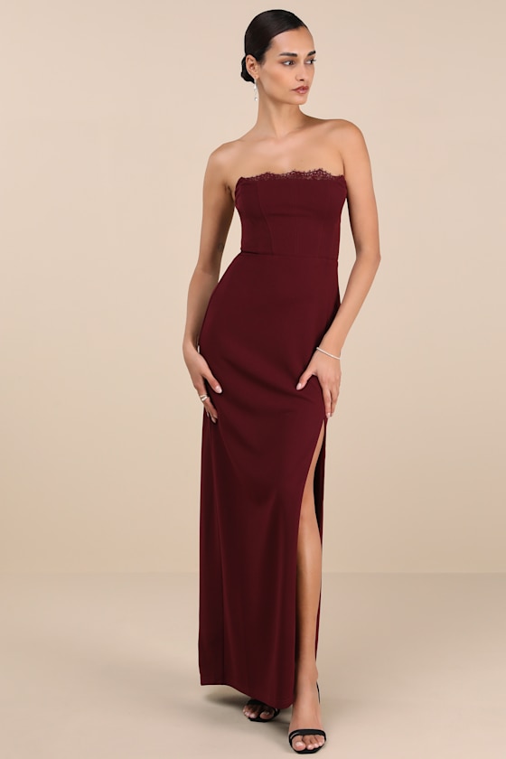 Burgundy Strapless Dress - Lace Bustier Dress - Lacy Maxi Dress - Image 3