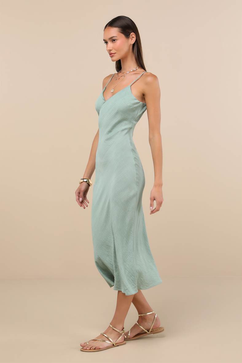 Tamia Sage Textured Sleeveless Midi Slip Dress