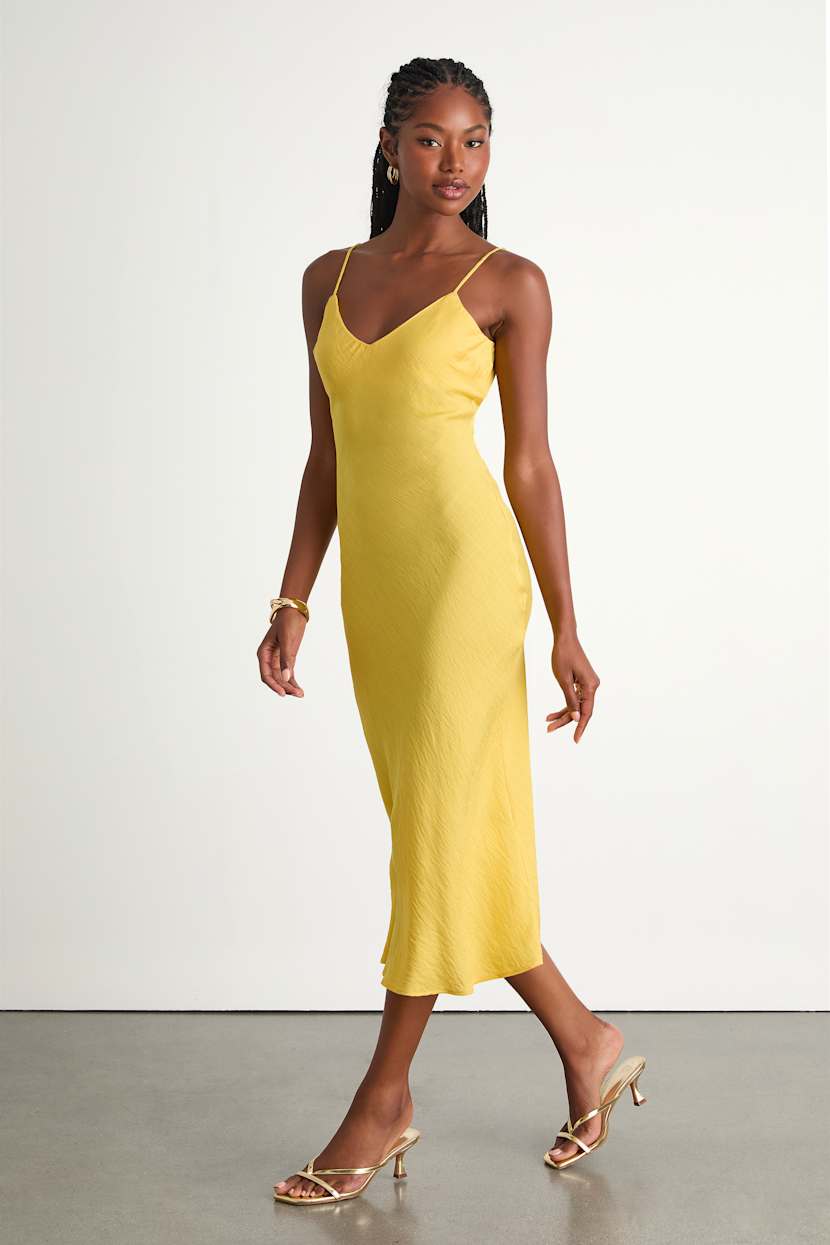 Tamia Yellow Textured Sleeveless Midi Slip Dress