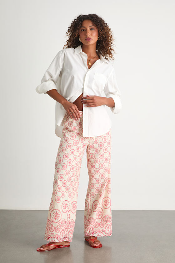 Brielle Ivory Boho Print Eyelet Embroidered Drawstring Pants 1