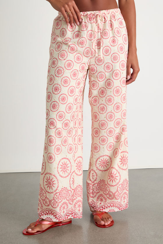 Ivory Boho Pants - Eyelet Embroidered Pants - Drawstring Pants - Image 2