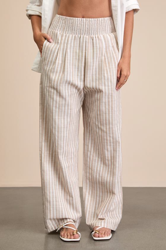 Breezy Getaway Beige and White Striped Linen Wide-Leg Pants 3