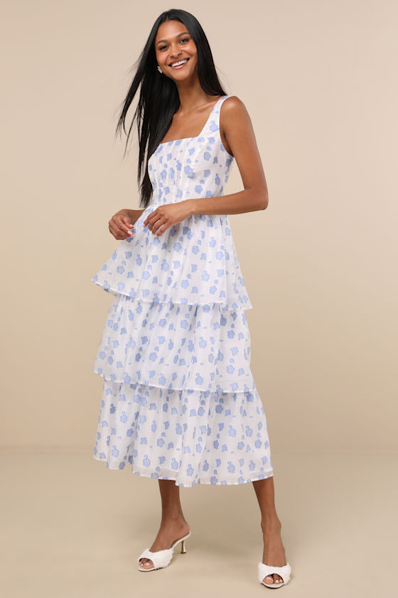 Sweet Potential Blue and White Floral Burnout Tiered Midi Dress 2
