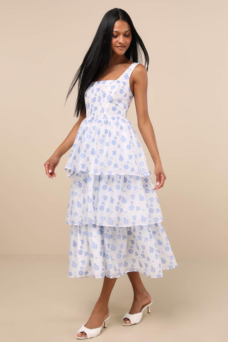 Blue and White Burnout Dress - Floral Tiered Dress - Midi Dress - Lulus Blue and White Burnout Dress - Floral Tiered Dress - Midi Dress - Lulus