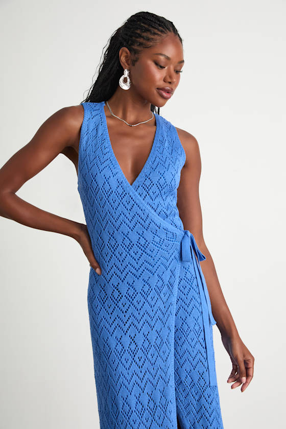 Kasper Blue Pointelle Knit Wrap Midi Dress 1