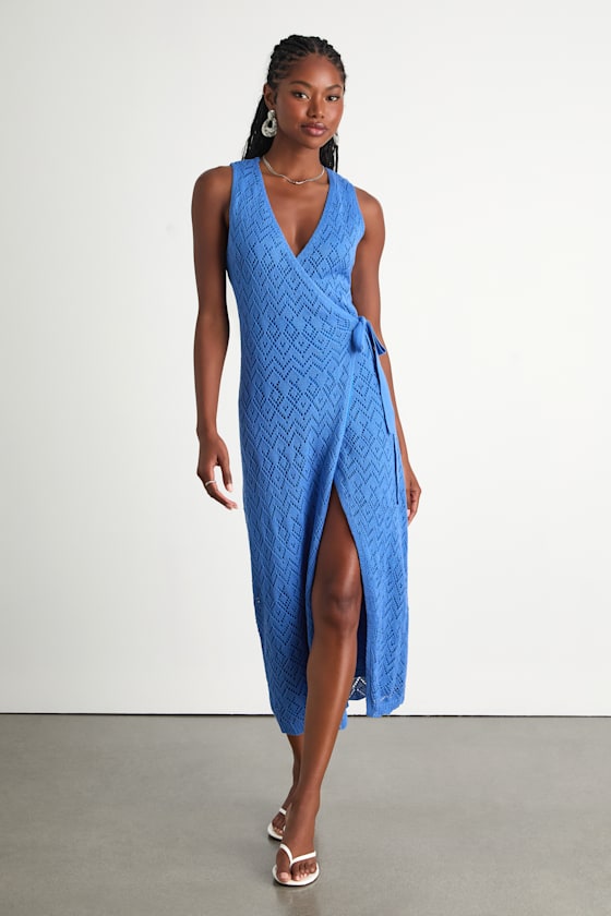 ワンピース yilon pointelle knit dress set Blue Pointelle Knit Dress - Wrap Midi Dress - Surplice Dress - Lulus