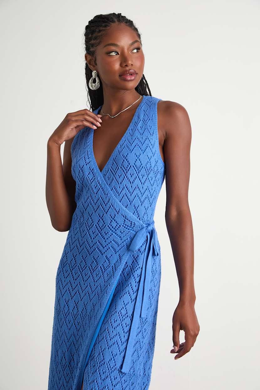 Kasper Blue Pointelle Knit Wrap Midi Dress