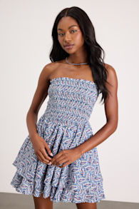 Carson Ivory and Blue Geometric Print Smocked Mini Dress 1