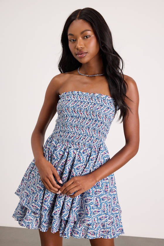 Carson Ivory and Blue Geometric Print Smocked Mini Dress 1