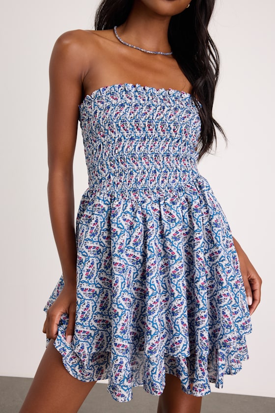 Carson Ivory and Blue Geometric Print Smocked Mini Dress 2