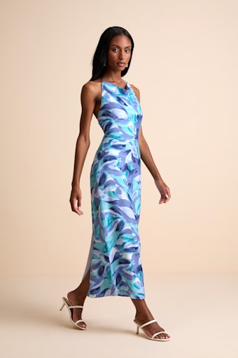 Valdria Blue Abstract Cowl Halter Midi Dress 1