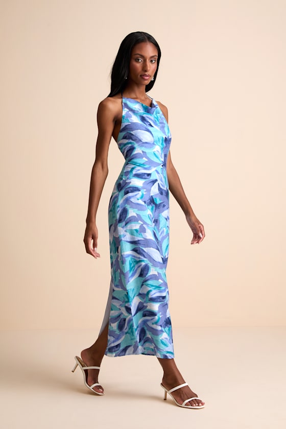 Valdria Blue Abstract Cowl Halter Midi Dress 1