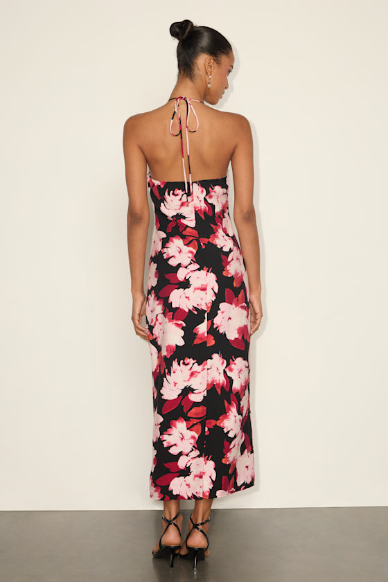 Valdria Black Floral Cowl Halter Midi Dress 2