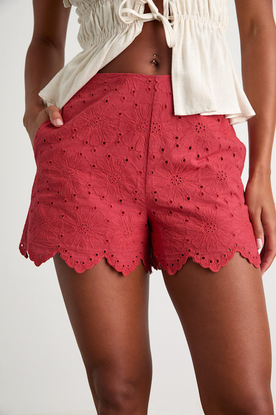 Tenille Rust Red Eyelet Embroidered Scalloped High-Rise Shorts 2