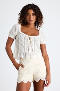 Tenille Cream Eyelet Embroidered Scalloped High-Rise Shorts 2