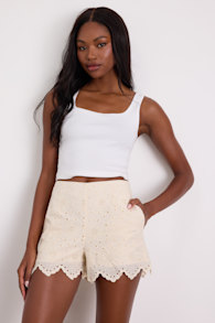 Tenille Cream Eyelet Embroidered Scalloped High-Rise Shorts 2