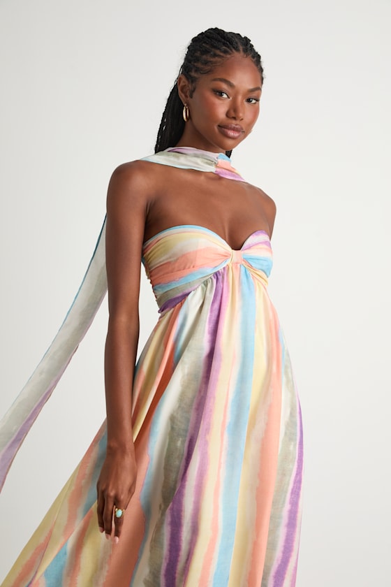 Peach Multi Striped Dress - Scarf Midi Dress - Strapless Dress - Lulus