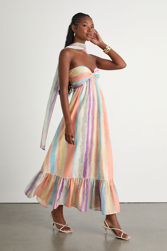 Peach Multi Striped Dress - Scarf Midi Dress - Strapless Dress - Lulus