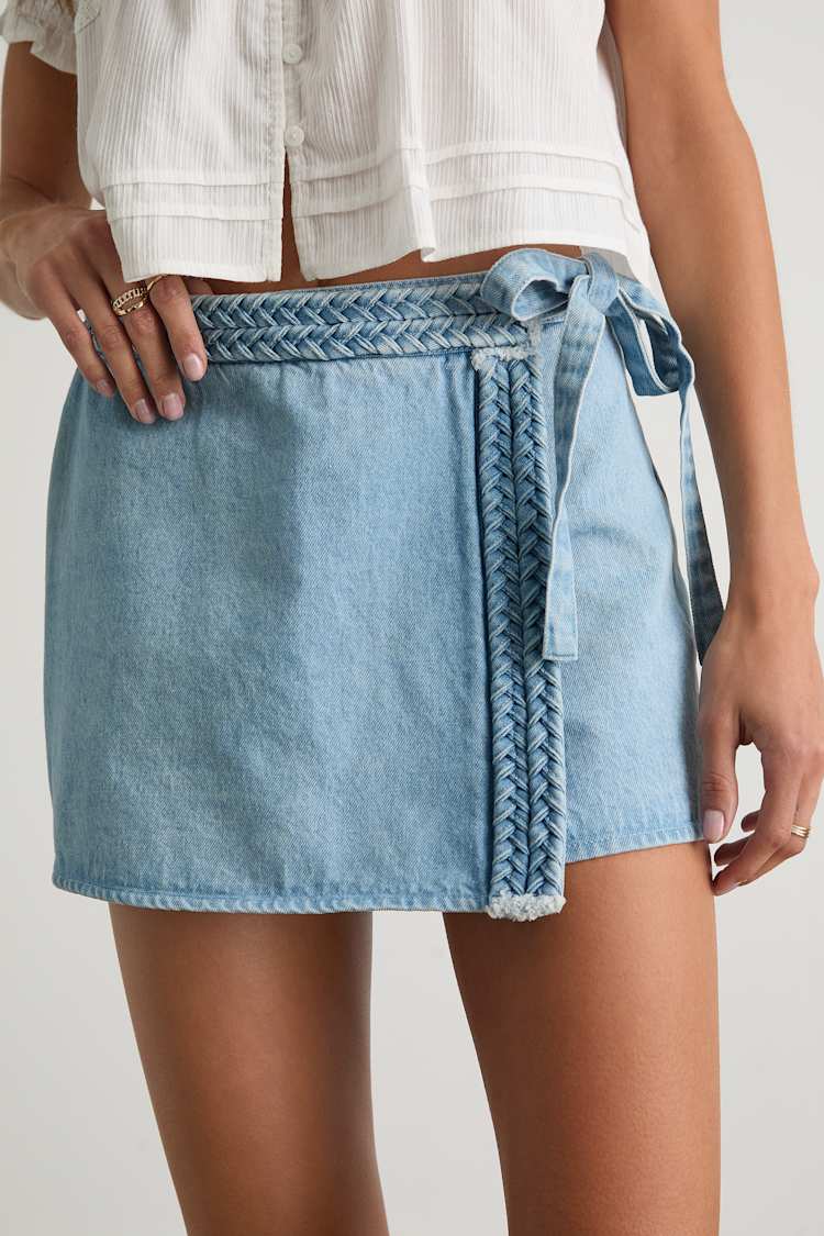 Joanie Light Wash Denim Faux-Wrap Braided Skort