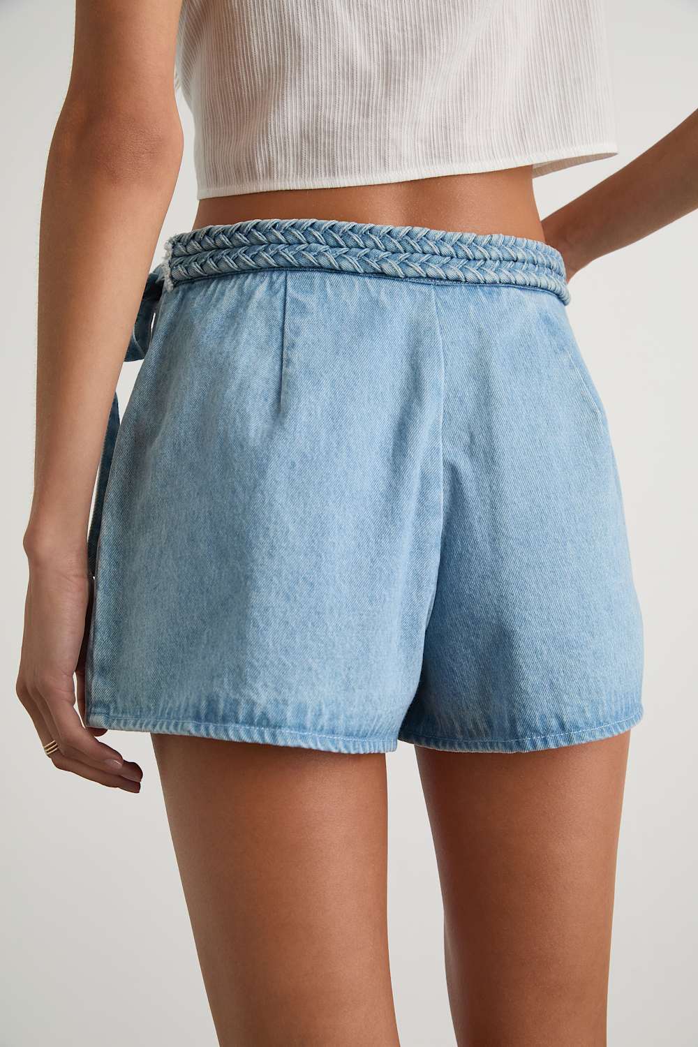 Joanie Light Wash Denim Faux-Wrap Braided Skort