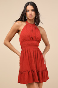 Zahia Rust Red Swiss Dot Ruffled Halter Mini Dress 2