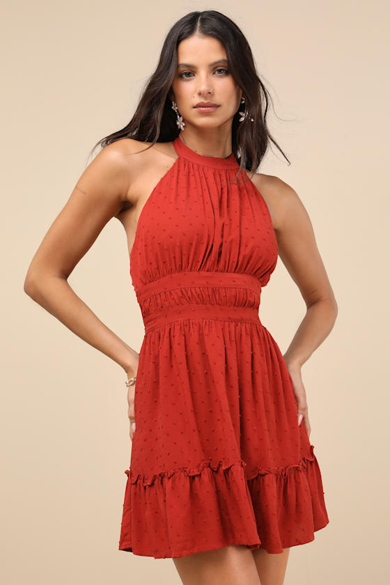 Zahia Rust Red Swiss Dot Ruffled Halter Mini Dress 2