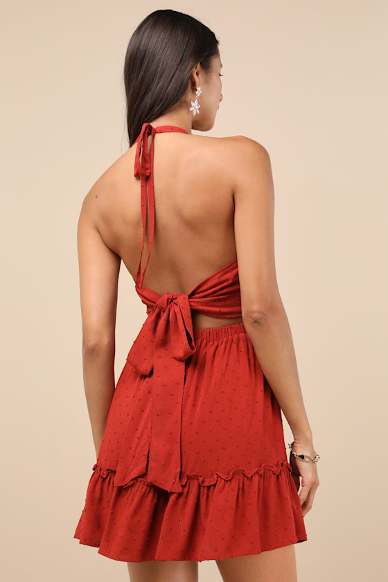 Zahia Rust Red Swiss Dot Ruffled Halter Mini Dress 5