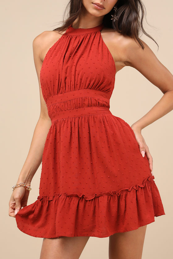 Rust Halter Mini Dress - Swiss Dot Dress - Ruffle Tie-Back Dress - Image 5