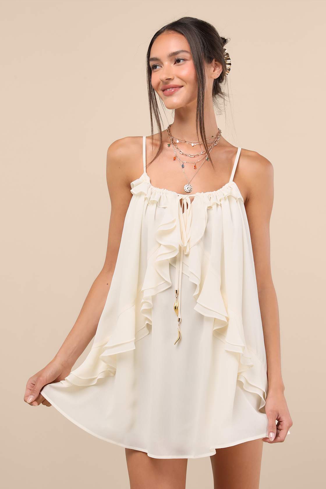 Nessie Ivory Sleeveless Ruffled Mini Dress
