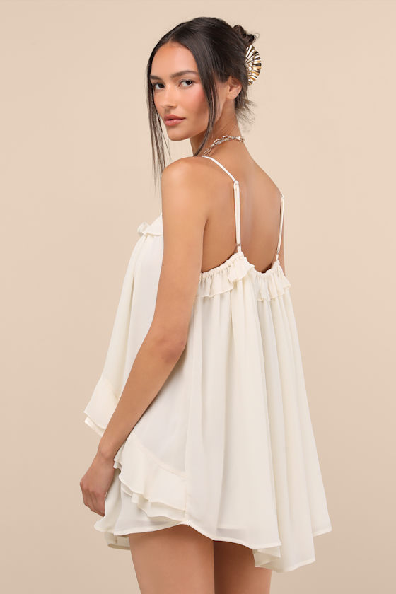 Ivory Chiffon Dress - Flowy Shift Dress - Ruffled Mini Dress - Image 2