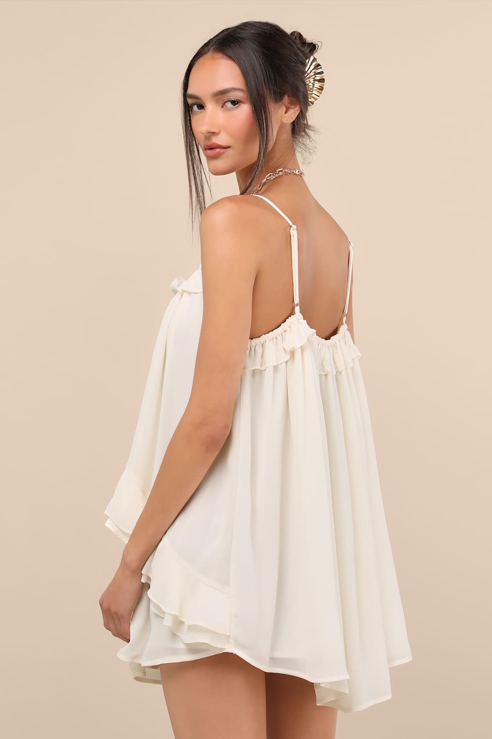 Nessie Ivory Sleeveless Ruffled Mini Dress