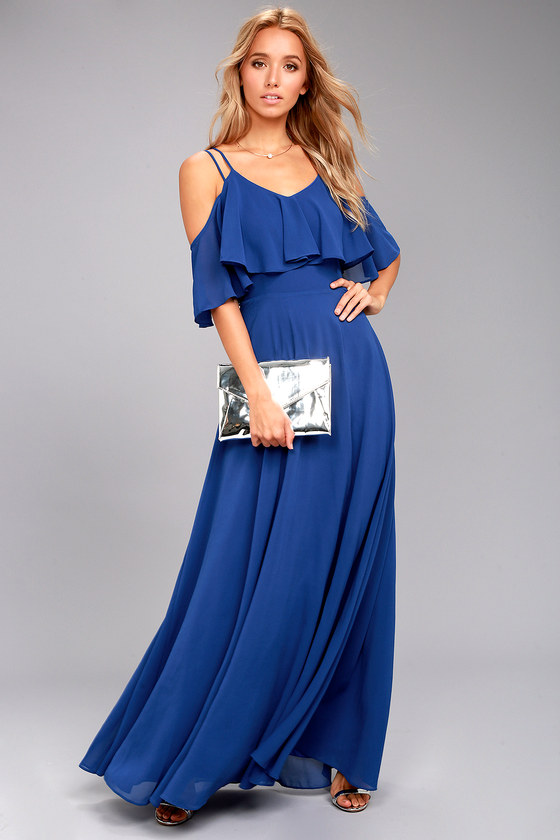 blue off the shoulder maxi dress